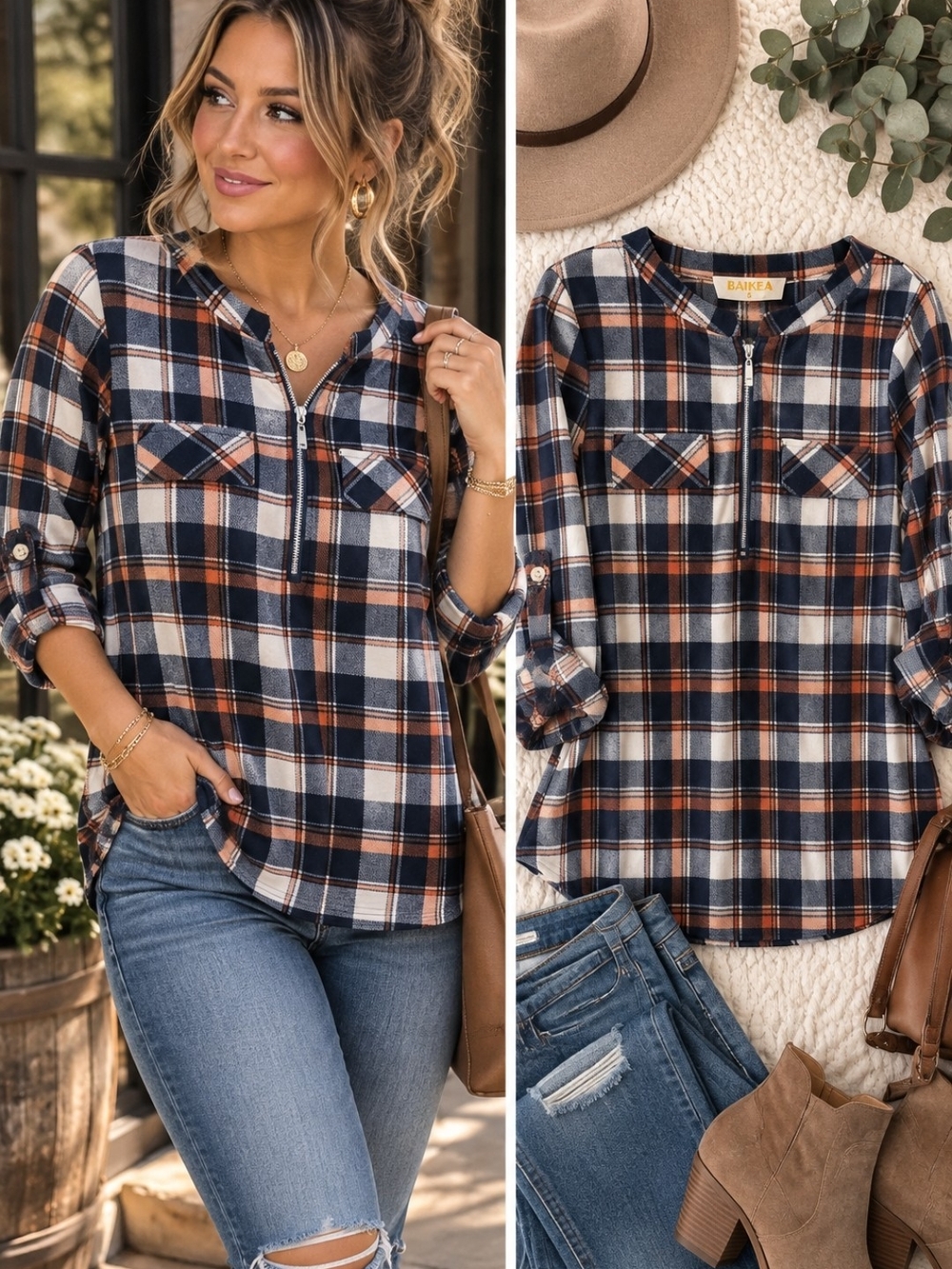Plaid Flannel Shirt Small Navy Rust Cream Half Zip Roll Tab